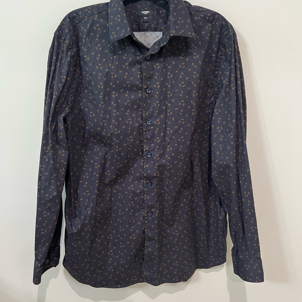 Express Men's Slim Fit 1MX Dress Shirt Navy Brown Ditsy Geometric Large
